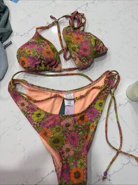 wild fable Floral Tie-String Bikini Top & Bottom – Pink, Orange & Green